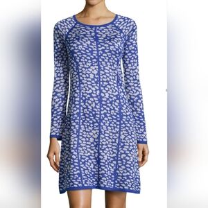 Neiman Marcus Animal-Print Fit-and-Flare Sweater Dress Blue and Grey Size Large